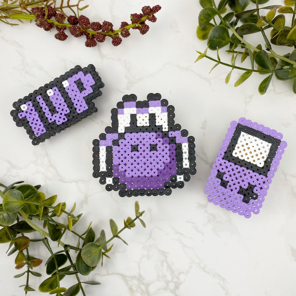 Pixel-Perfect Purple Perler Projects – Gameboy, Level Up & Yoshi Coaster