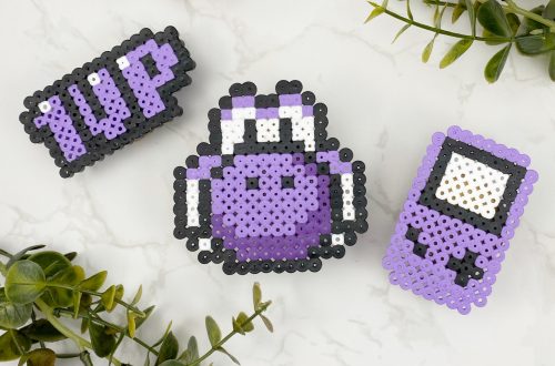 Pixel-Perfect Purple Perler Projects – Gameboy, Level Up & Yoshi Coaster