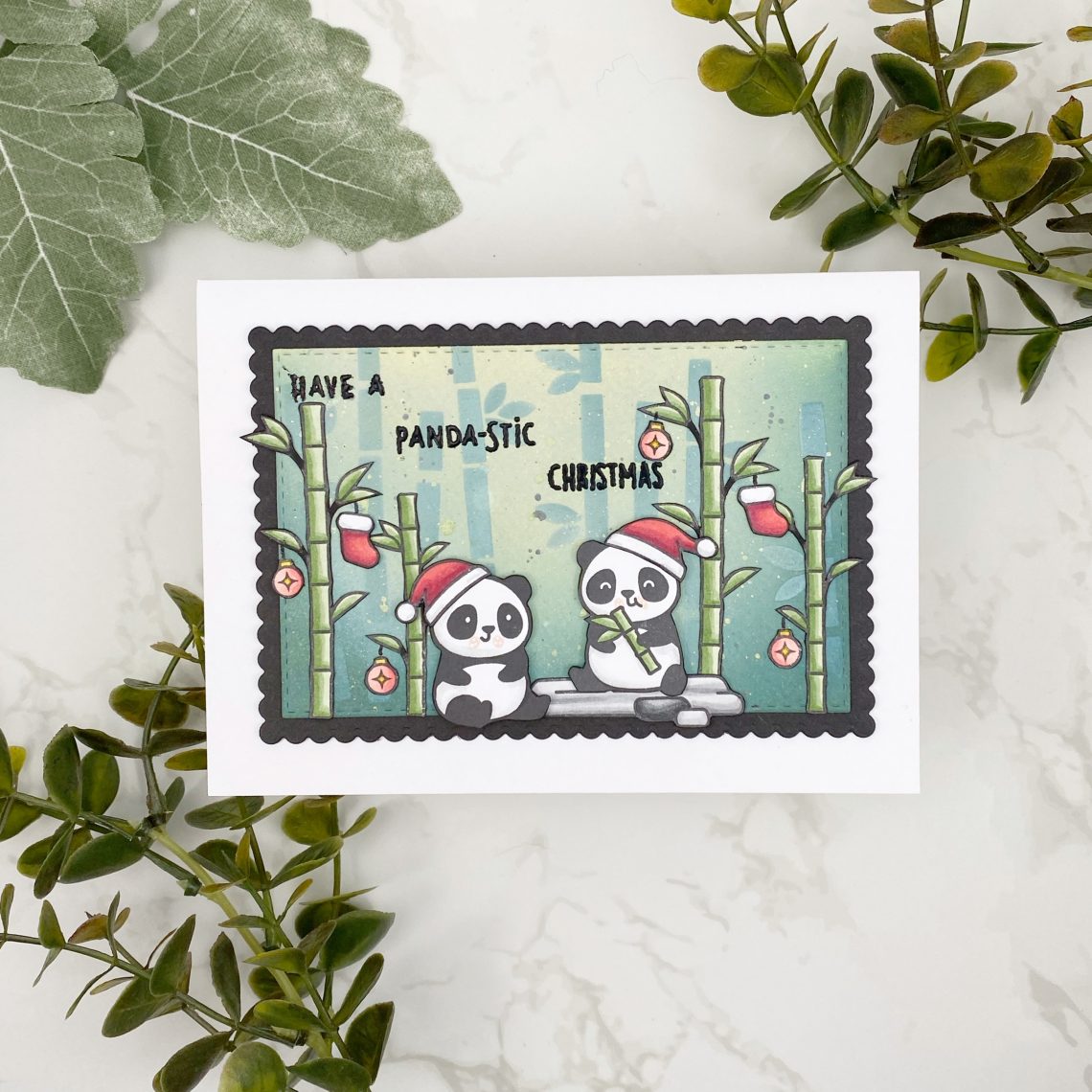 Lawn Fawn pandas with Christmas hats